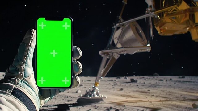 Smartphone green screen held by astronaut glove near lunar lander leg on Moon surface