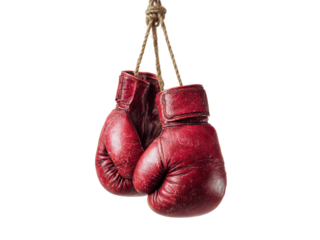 Worn red leather boxing gloves hanging by rope image, Isolated On Png Transparent Background