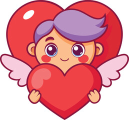 Adorable cartoon cupid character peeking from behind a large vibrant heart illustration
