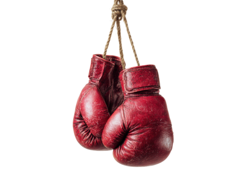 Worn red leather boxing gloves hanging by rope image, Isolated On Png Transparent Background