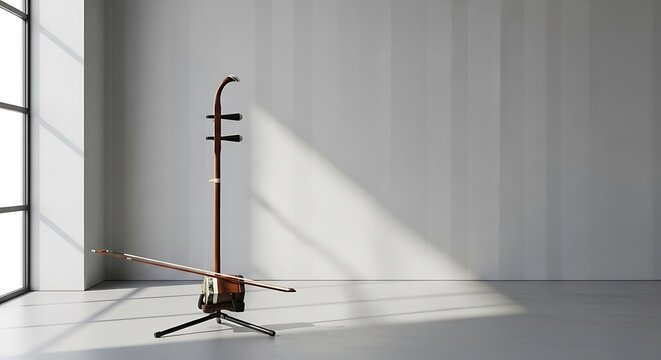 Traditional Chinese Erhu instrument on a stand in a minimalist room with natural light from a window.