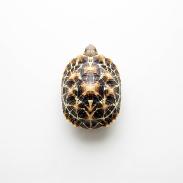 Overhead shot showcases the intricate shell pattern of an Indian star tortoise against a plain white background, highlighting its unique design and texture from a top-down perspective .