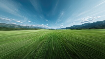 Obraz premium Business growth and innovation concept with dynamic motion blur of a vibrant green field under a blue sky