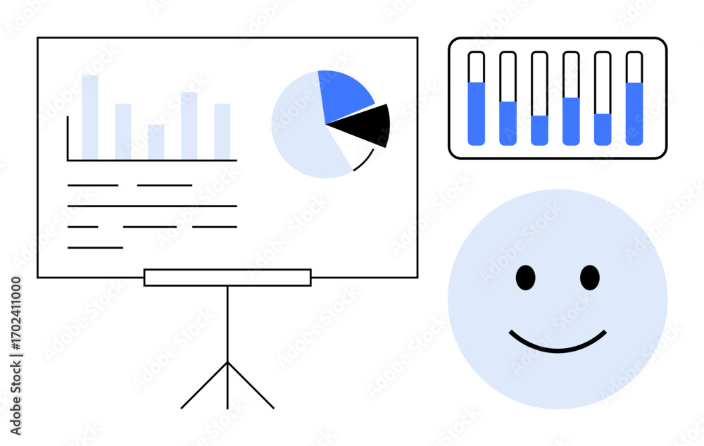 Poster charts with bar graph, pie chart, and smiling face on whiteboard and screen. ideal for analytics, fe