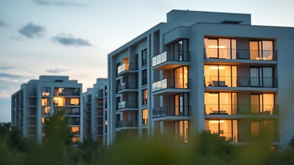 Fototapeta premium Modern residential buildings at dusk, their clean lines highlighted by warm interior lights.