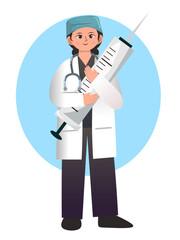clipart illustration of a female doctor with a giant syringe icon on her chest symbolizing concern for health