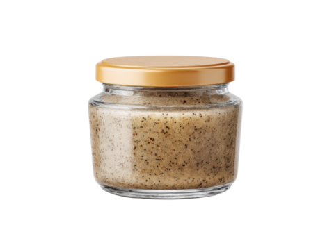 Glass jar body scrub with golden lid exfoliating, Isolated On Png Transparent Background