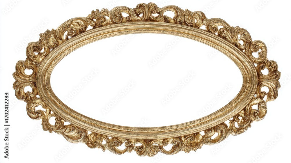 Poster ornate gold oval frame with intricate scrollwork and decorative elements on a white background