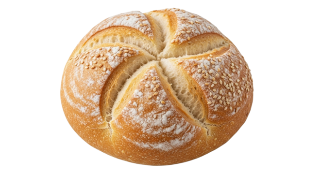 Freshly baked golden brown kaiser roll bread isolated on black background
