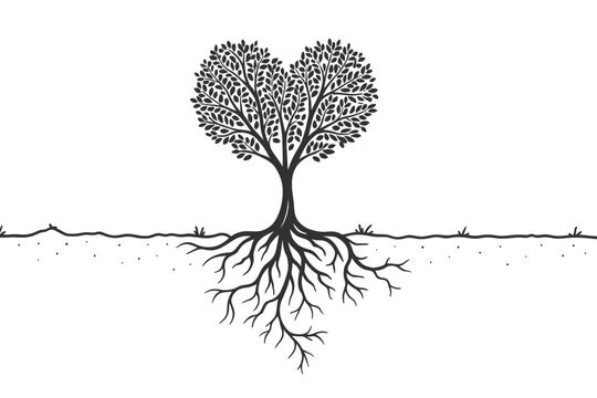 Heart shaped tree with detailed roots illustration in black and white vector style minimalist design for nature growth love and life concept