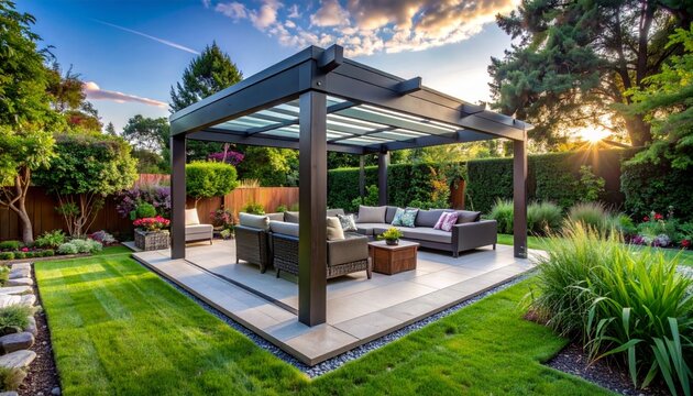 Modern garden gazebo with stylish seating and vibrant landscaping