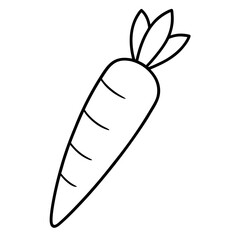 Simple black and white outline drawing of a carrot with leafy green tops silhouette