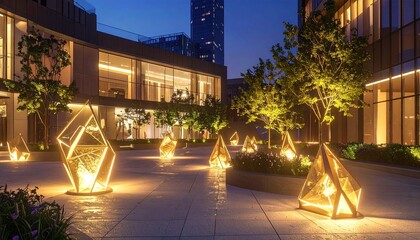 Urban courtyards filled with luminous geometric sculptures, blending city design with subtle magical radiance,