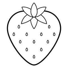 Simple black and white outline drawing of a strawberry with seeds and leaves silhouette