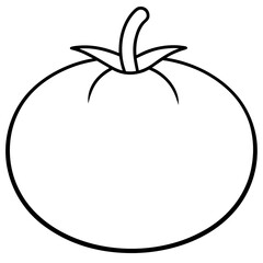 Simple black outline illustration of a ripe tomato with a stem and leaves silhouette