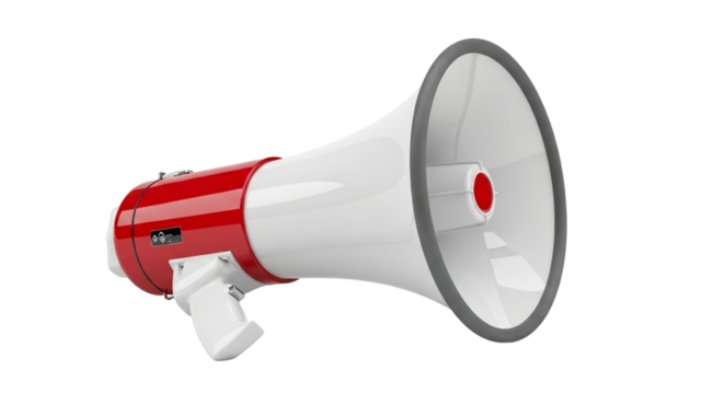 Red and white megaphone isolated on black background for announcements
