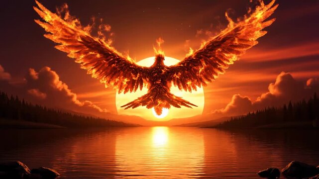 Majestic fiery phoenix emerges from water at sunset, symbolizing rebirth, power, and transformation in a breathtaking spectacle.