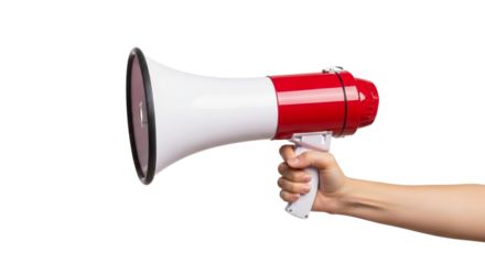 Hand holding a red and white megaphone against a black background