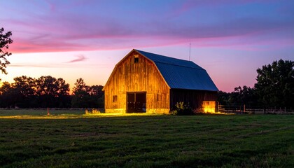 Obraz premium Rustic Barn at Sunset with Vibrant Skies and Lush Green Field