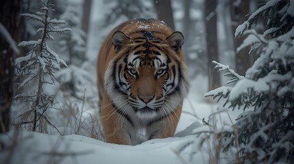 Siberian tiger in snowy forest wilderness, majestic wildlife scene
