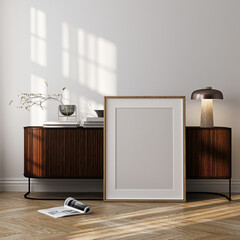 Modern Living Room Poster Frame Mockup with Natural Light and Minimalist Decoration. 3D render.