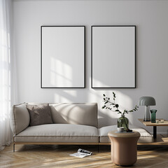 Modern Living Room Poster Frame Mockup with Natural Light and Minimalist Decoration. 3D render.