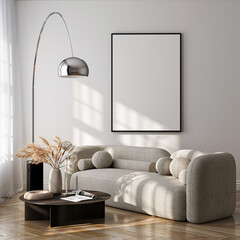 Modern Living Room Poster Frame Mockup with Natural Light and Minimalist Decoration. 3D render.