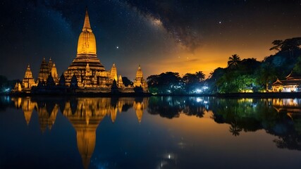 Fototapeta premium Temple with Milky Way Background