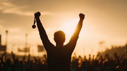 Fototapeta premium Victorious Athlete Silhouette Celebrating with Medal Against Golden Sunset, Crowd Cheering For Success
