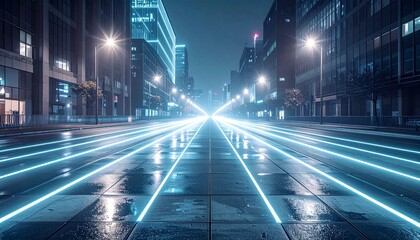 Polished concrete streets illuminated by radiant glowing lines, forming an urban grid with a magical futuristic design