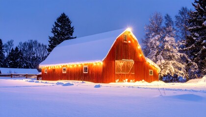 Cozy Red Barn in Winter Wonderland with Snow and Holiday Lights