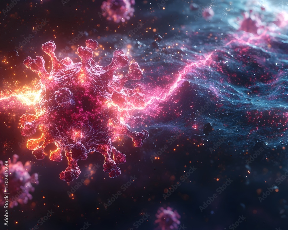 Poster abstract 3d render of a glowing red virus particle with energetic light streams and cosmic backgroun