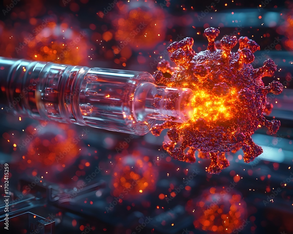 Poster microscopic virus particle illuminated and impacted by a bright focused energy beam from a technolog