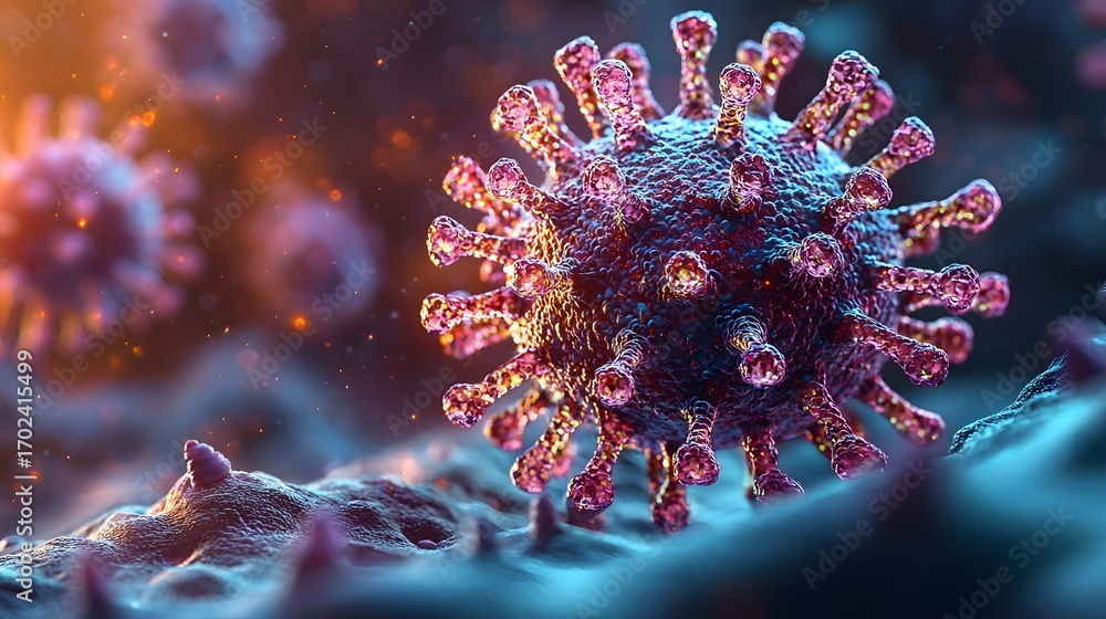 Poster detailed 3d render of a virus particle showcasing its spiky surface and microscopic structure repres