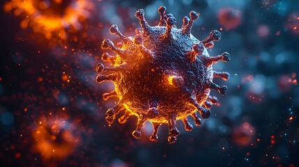 Detailed microscopic rendering of a vibrant spiky virus particle glowing in the dark symbolizing infection and scientific research