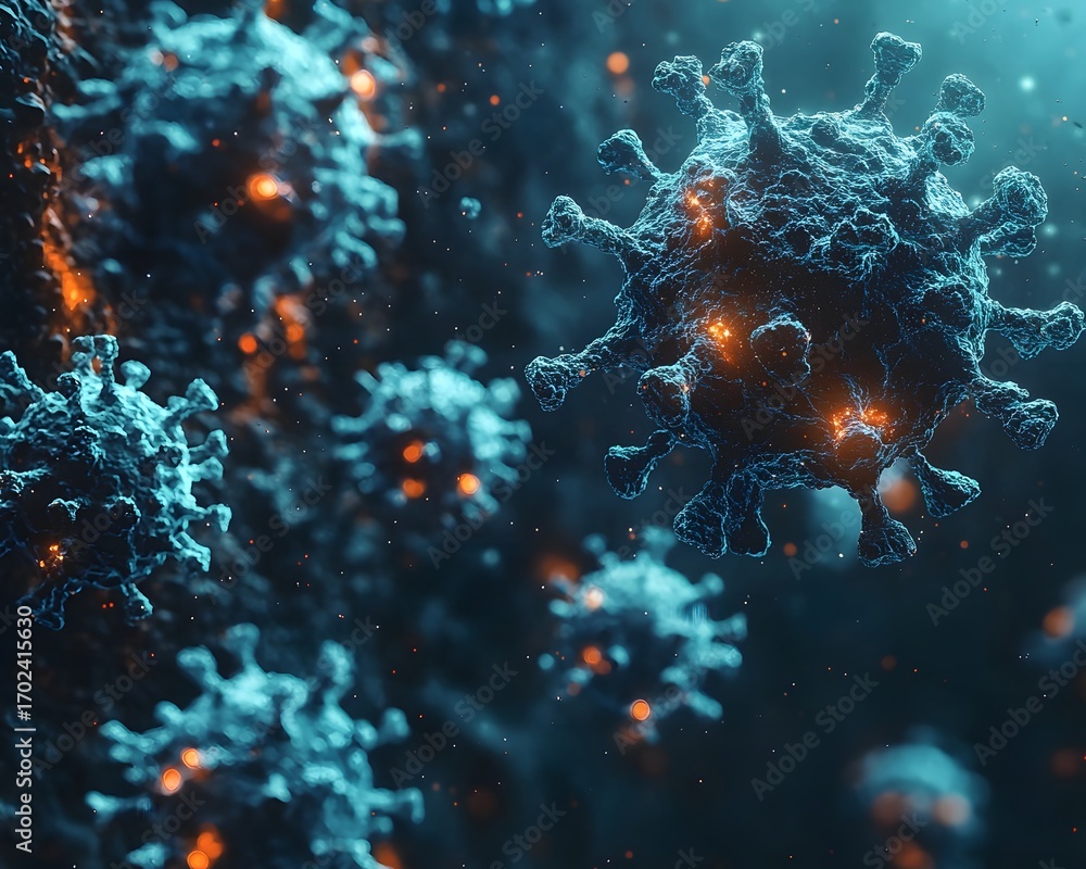 Poster close up 3d rendering of glowing coronavirus particles in a dark abstract microscopic environment