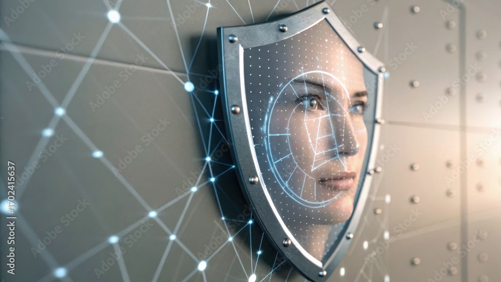 Poster a futuristic shield displays a digital face, symbolizing advanced security and biometric technology 