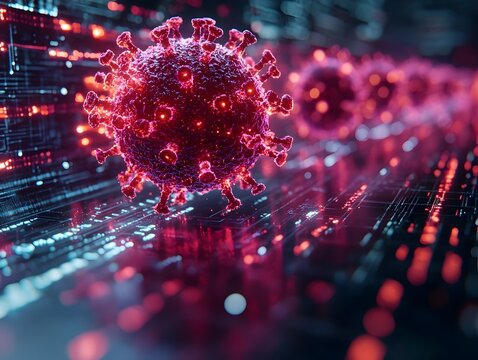 Abstract digital visualization of a coronavirus particle on a background of glowing data streams and circuits - Powered by Adobe