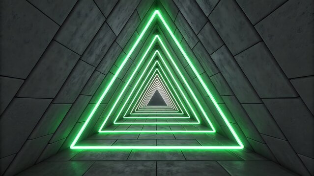 Futuristic glowing green neon triangle tunnel background