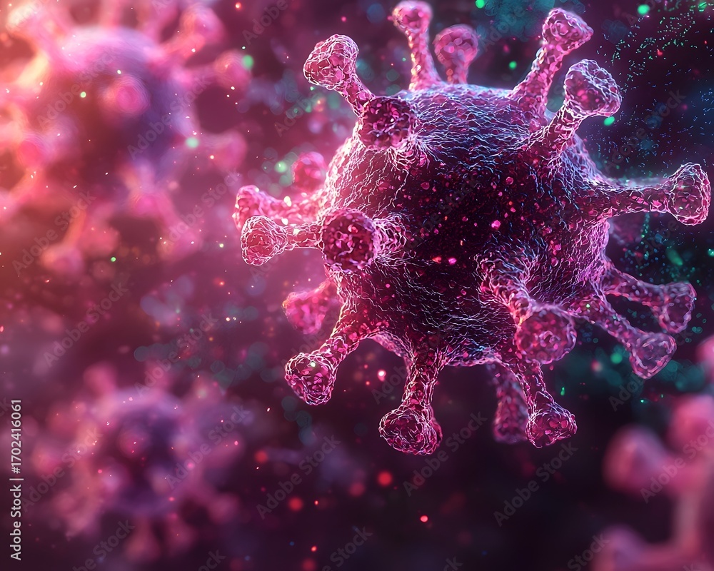 Poster a highly detailed digital rendering of a microscopic virus particle with glowing spikes symbolizing 