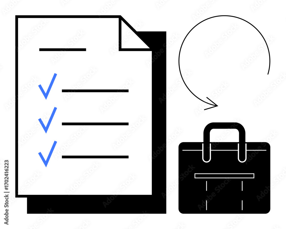 Poster document with checkmarks, briefcase, and arrow symbolizing task completion, planning, and progress. 