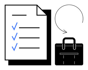 Document with checkmarks, briefcase, and arrow symbolizing task completion, planning, and progress. Ideal for productivity, workflow, efficiency, business organization planning task management