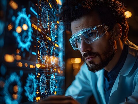 Focused scientist examines futuristic holographic virus data on a bright digital display