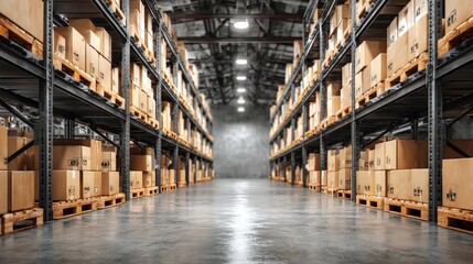 Warehouse Interior with Rows of Shelves Stocked with Cardboard Boxes Ready for Distribution and Shipping