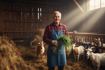 A goat farmer stands proudly in a barn, wearing a plaid shirt and blue apron, holding a pile of grass. Behind him, goats rest in their pen.