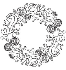 Black and white floral wreath with roses and leaves