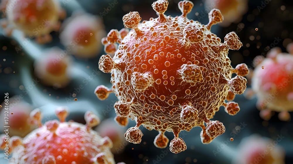 Poster detailed 3d rendering of a microscopic virus particle with prominent surface spikes