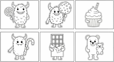 A set of six black and white illustrations featuring cute monsters and sweet treats, including cupcakes and lollipops, with a playful and whimsical mood, against a clean white background.