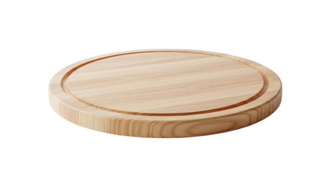 Round wooden cutting board with a groove on a black background