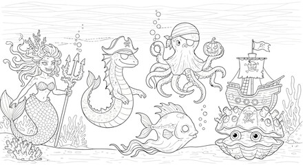 A black and white line drawing illustration of a group of helowen kids sea creatures including a mermaid, dragon, octopus, fish and crab with a pirate ship in the background on a white